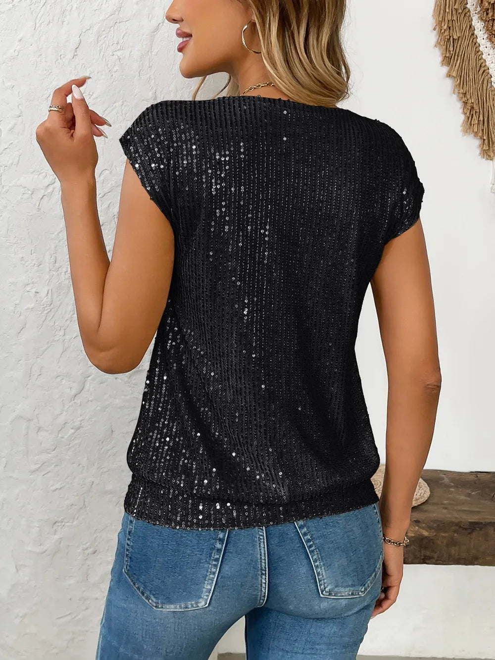 Sequin V-Neck Cap Sleeve Top