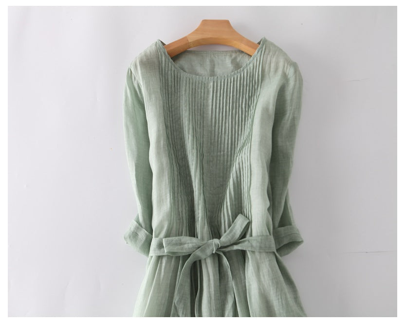 Loose Cotton Linen Tie Three Quarter Sleeve Dress