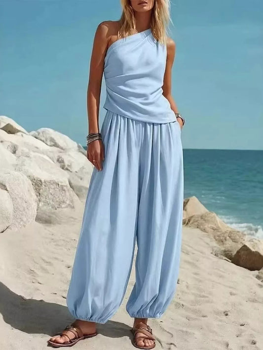 Full Size One-Shoulder Top and Wide-Leg Pants Set Plus Size