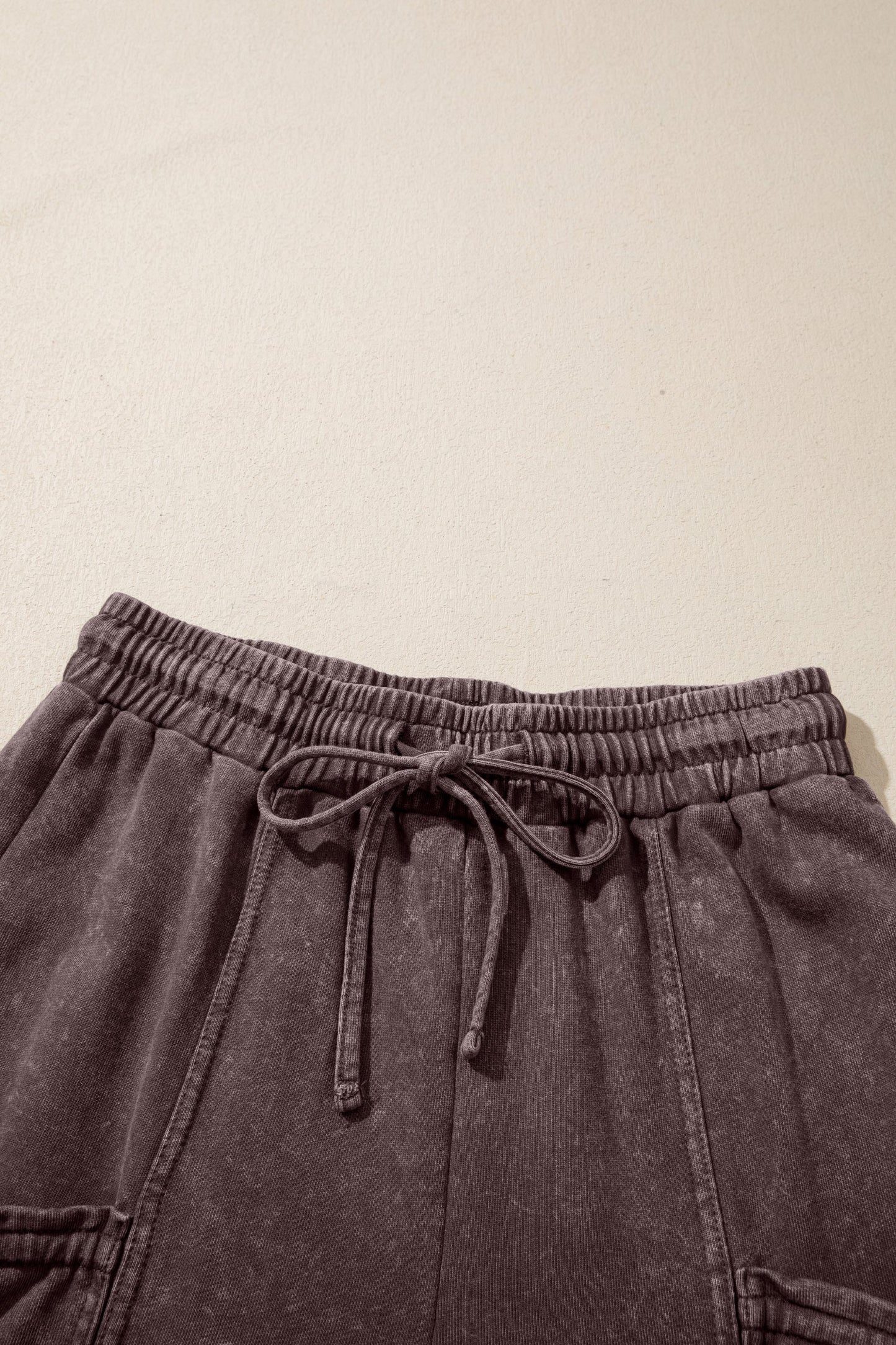 Dark Brown Cotton Mineral Wash Elastic Waist Drawstring Tie Detail Cargo Pants