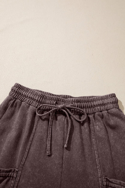 Dark Brown Cotton Mineral Wash Elastic Waist Drawstring Tie Detail Cargo Pants