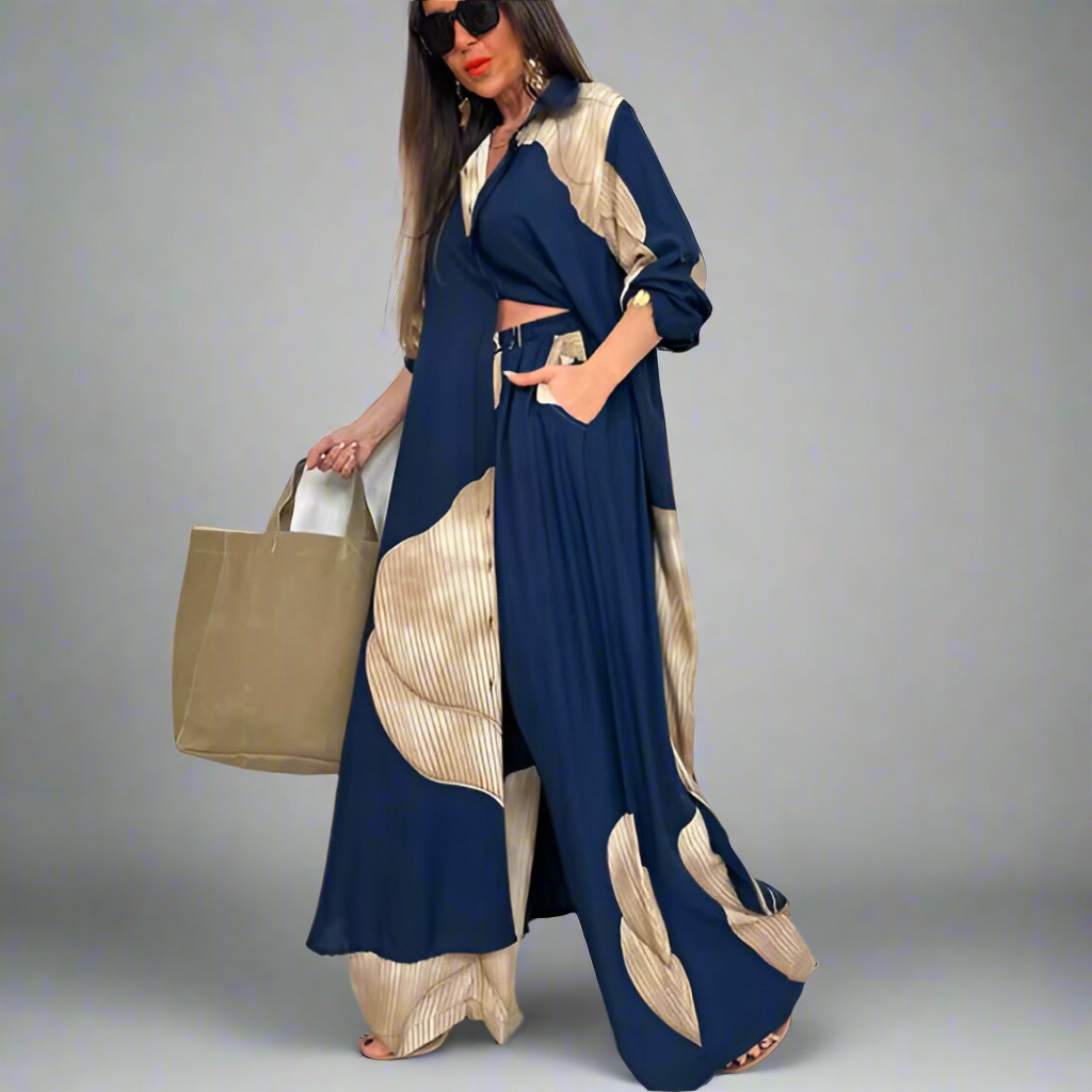 Ensemble deux pièces haut mi-long imprimé et pantalon large