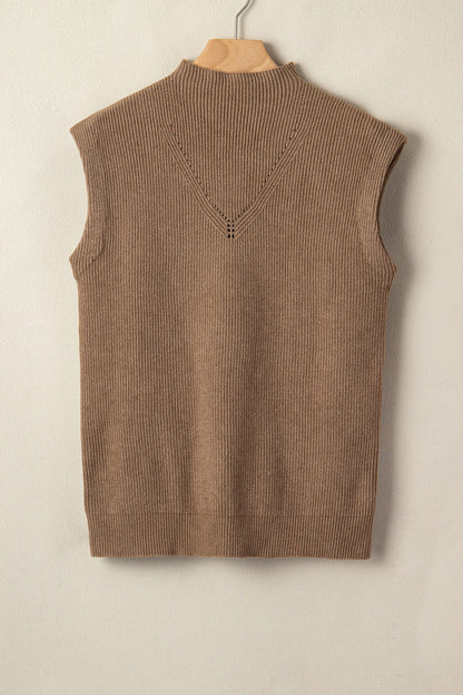 Light French Beige Solid Color Ribbed Knit Mock Neck Loose Sleeveless Sweater