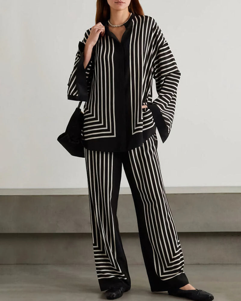 Fashionable and versatile striped slit casual shirt