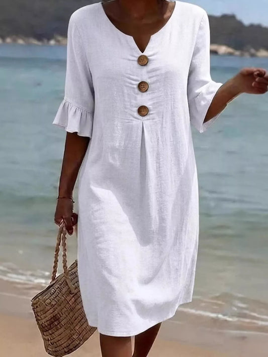 Full Size Button Decor Ruffle Sleeve Midi Dress Plus Size