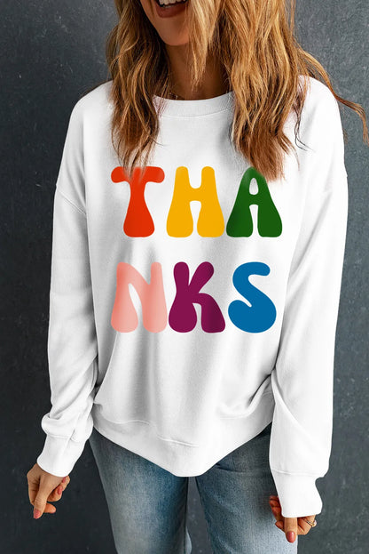| Thanks Round Neck Long Sleeve Sweatshirt