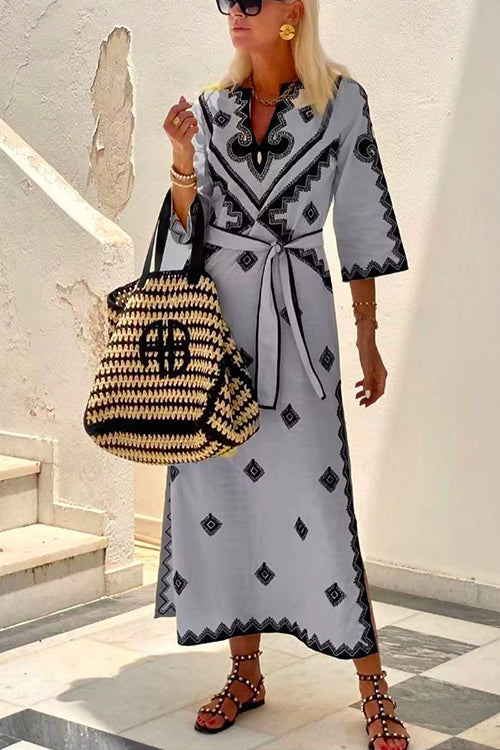 V Neck Tie Waist Side Split Bohemia Printed Maxi Dress Gray