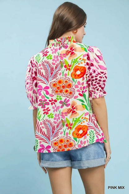 Umgee V-Neck Ruffle Trim Puff Sleeve Top