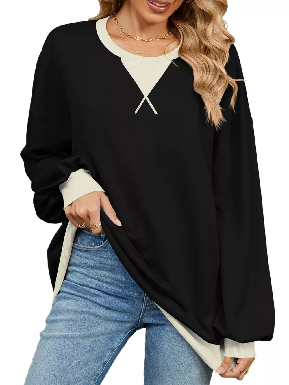 Contrast Round Neck Long Sleeve Sweatshirt