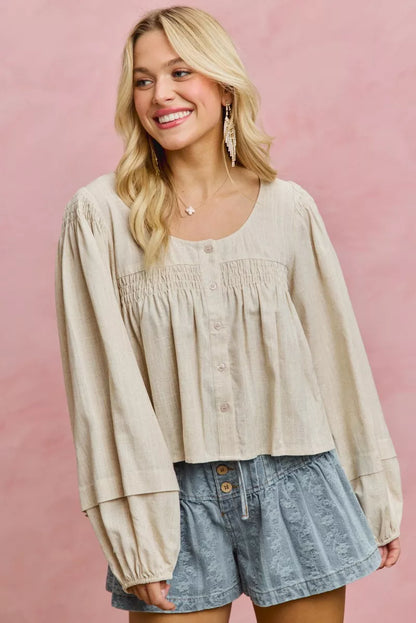 SO ME Linen Blend Woven Long Sleeve With Smocking Top