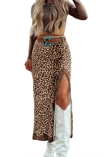 Khaki Cheetah Print Trim Split Long Western Skirt