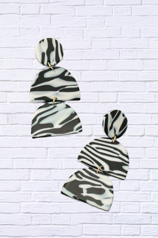 Black and white print geo shape drop earrings