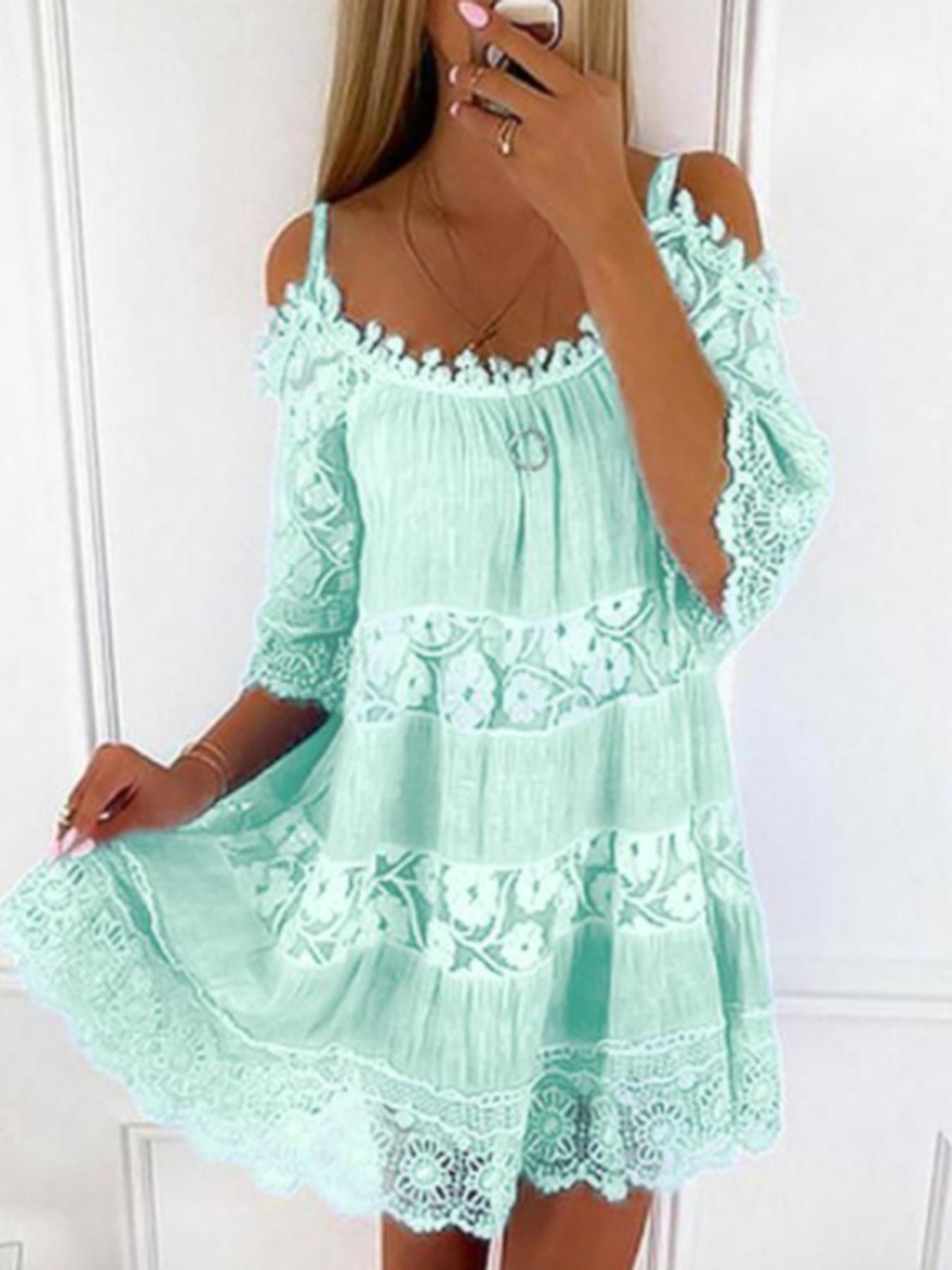 Full Size Bohemian Lace Cold Shoulder Mini Dress Plus Size