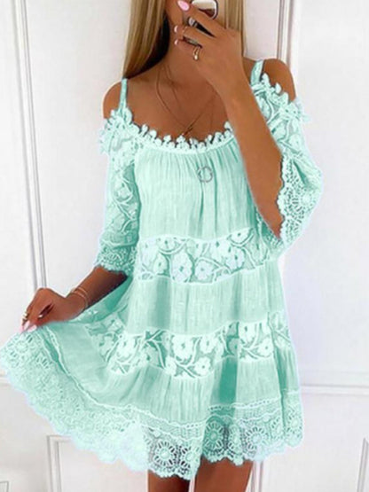 Full Size Bohemian Lace Cold Shoulder Mini Dress Plus Size