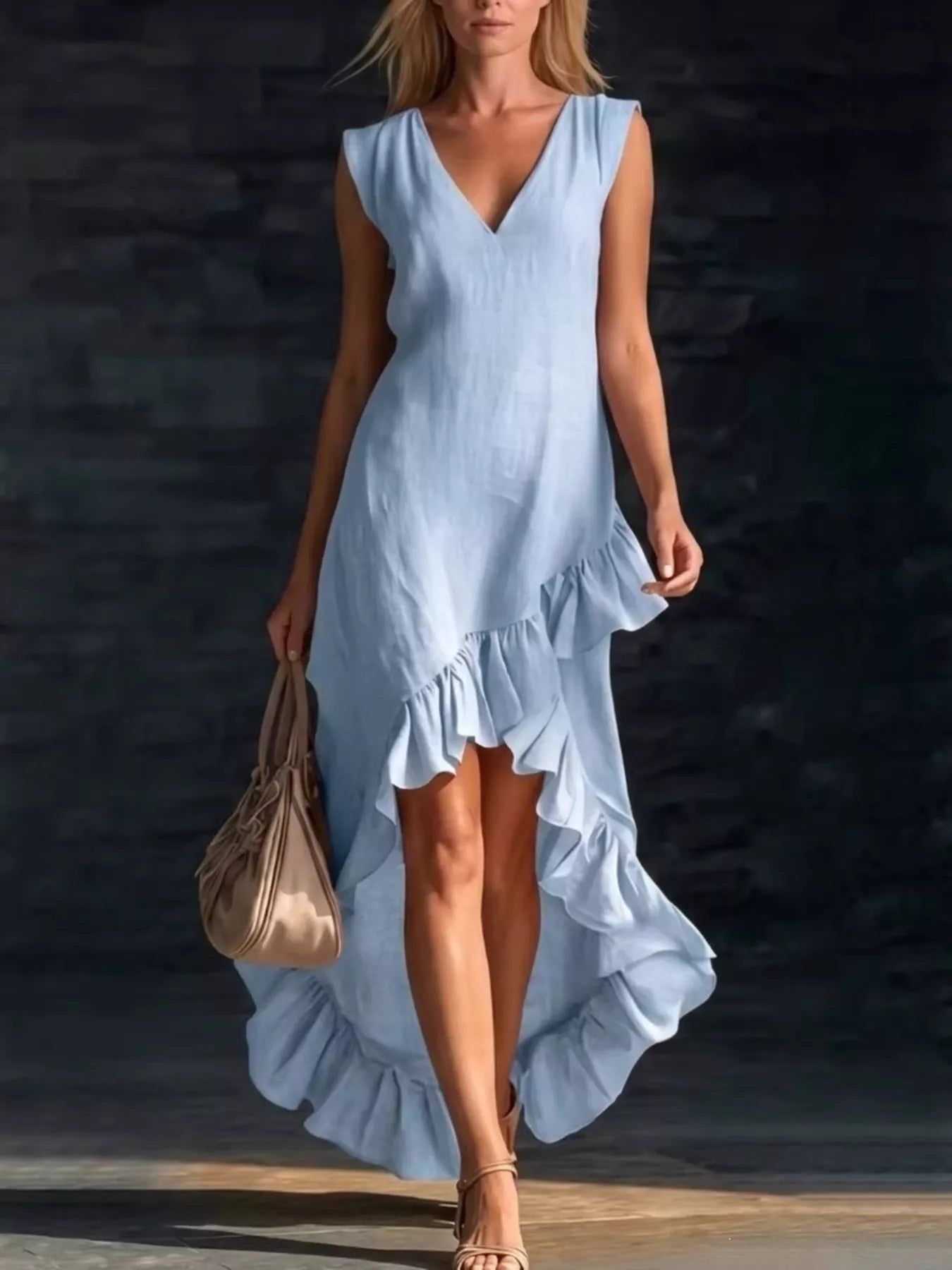 Full Size Ruffled Asymmetrical Hem V-Neck Sleeveless Dress Plus Size