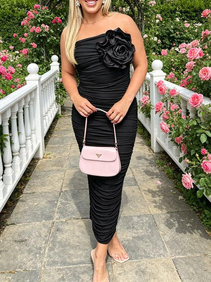 Flower Ruched Tube Bodycon Midi Dress