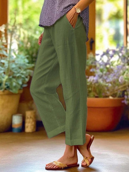 Cotton Linen Loose Solid Color Elastic Waist Pocket Straight Pants