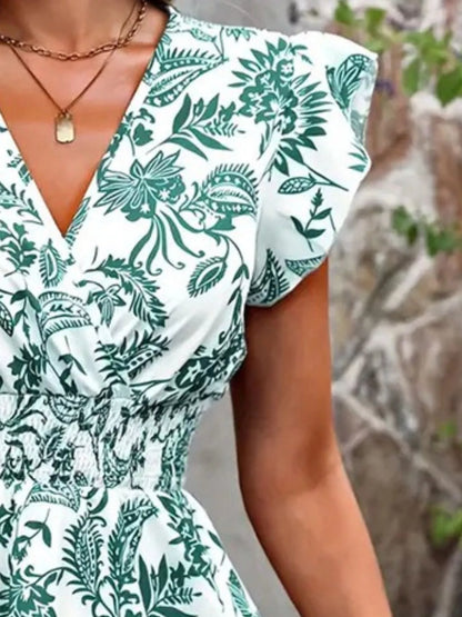 Printed Ruffle Sleeve Smocked Waist Mini Dress