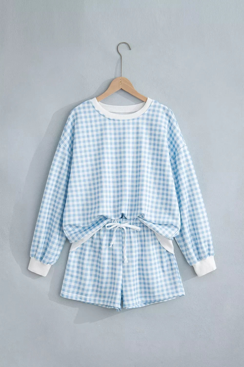 Gingham Long Sleeve Sweatshirt and Shorts Set