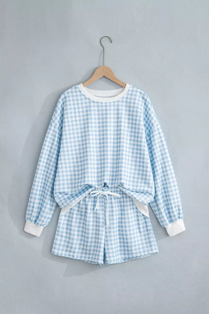Gingham Long Sleeve Sweatshirt and Shorts Set