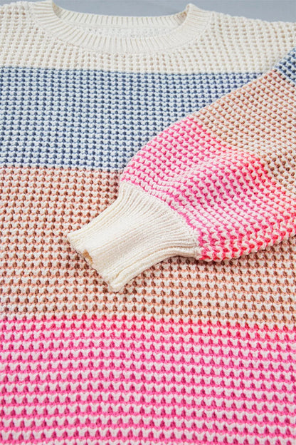 Color Block Waffle Knit Drop Shoulder Round Neck Long Sleeve Sweater