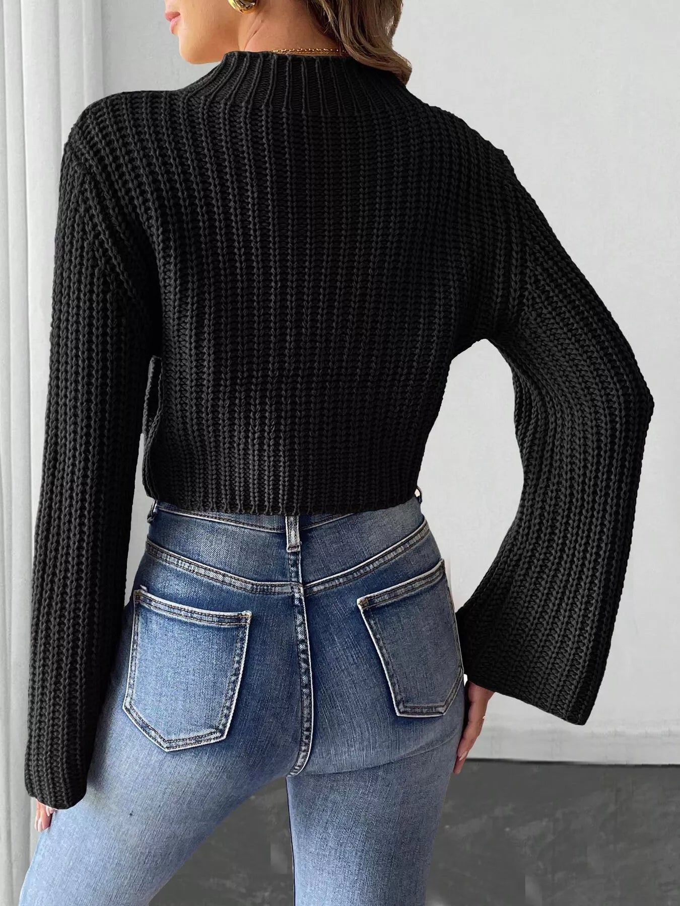 Bow-Decorated Mock Neck Cropped Sweater