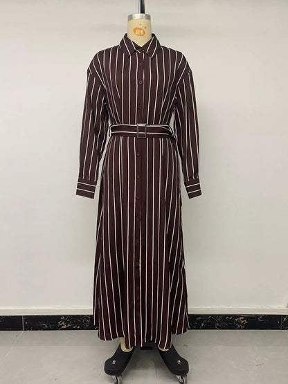 Striped Long Sleeve Belted Shirt Dress