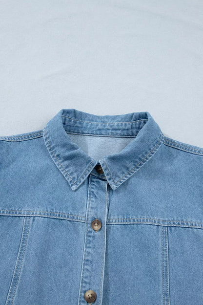 Button Down Short Puff Sleeve Ruffle Hem Denim Dress