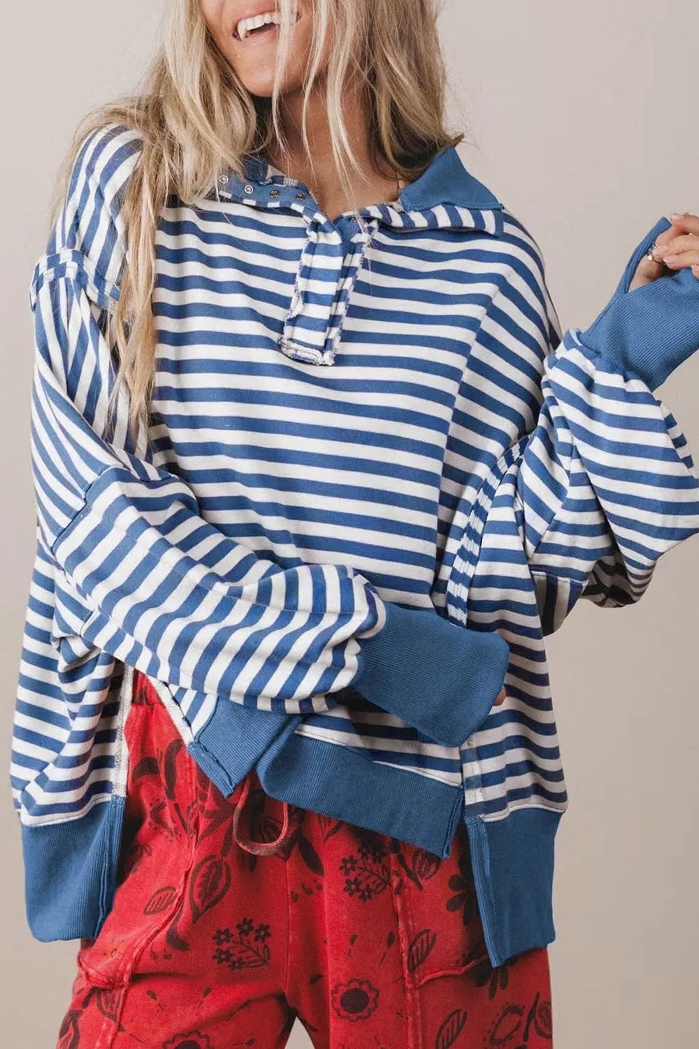 Stripe Color Block Trim Raw Seam Split Hem Loose Sweatshirt