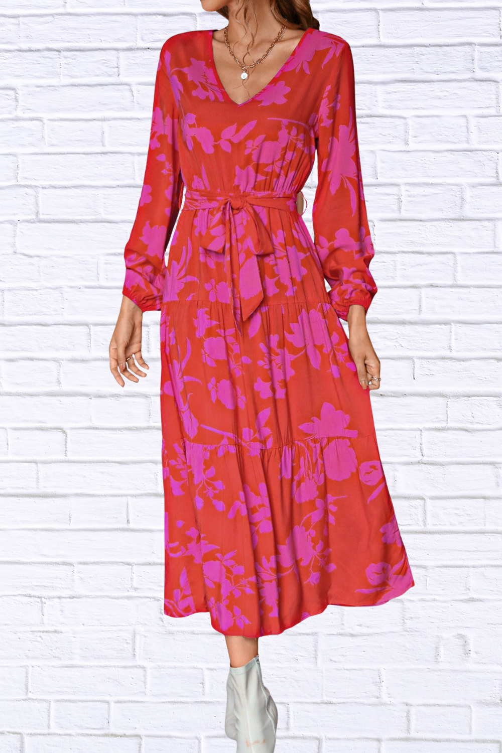 Floral V-Neck Long Sleeve Dress