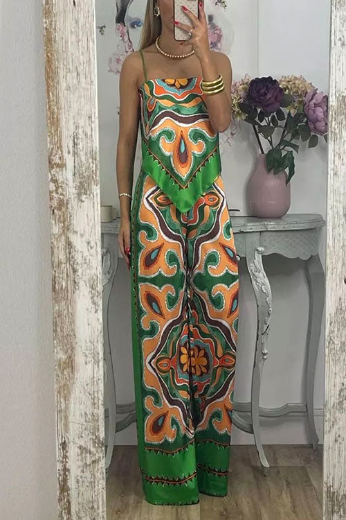 Rosiedress Tie Back Irregular Cami Top Wide leg Pants Printed Set Green