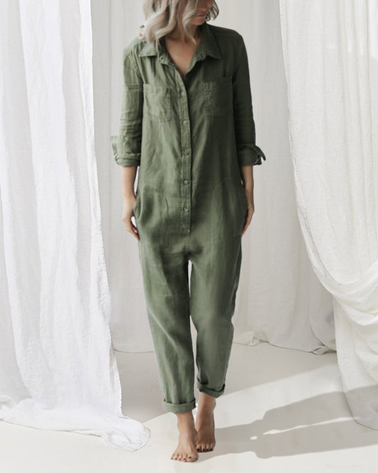 Casual lapel pocket long sleeve solid color cotton jumpsuit