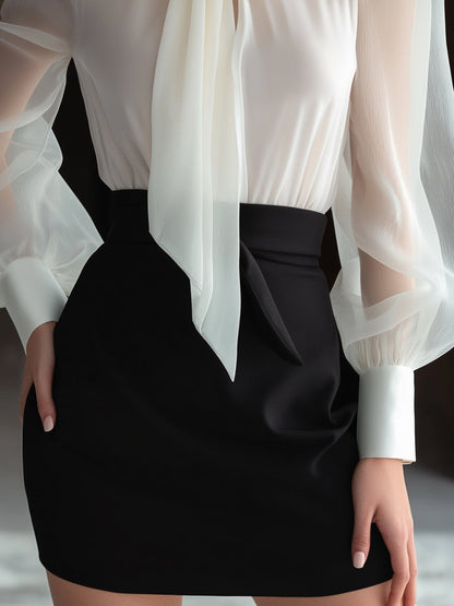 Sheer Bow-Tie Blouse & High-Waist Pencil Skirt Two-Piece Set