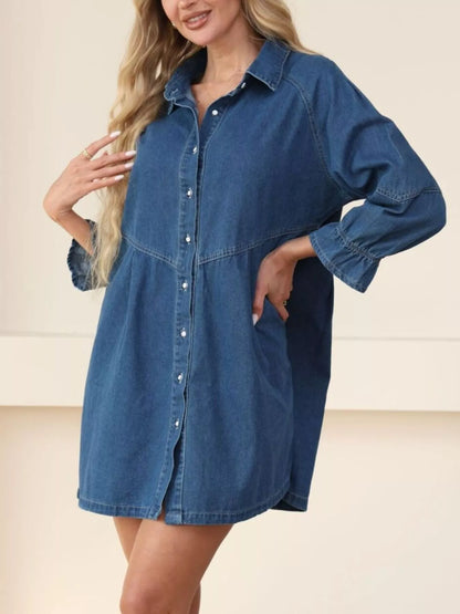 Classic Button-Down Long Sleeve Denim Shirt Dress