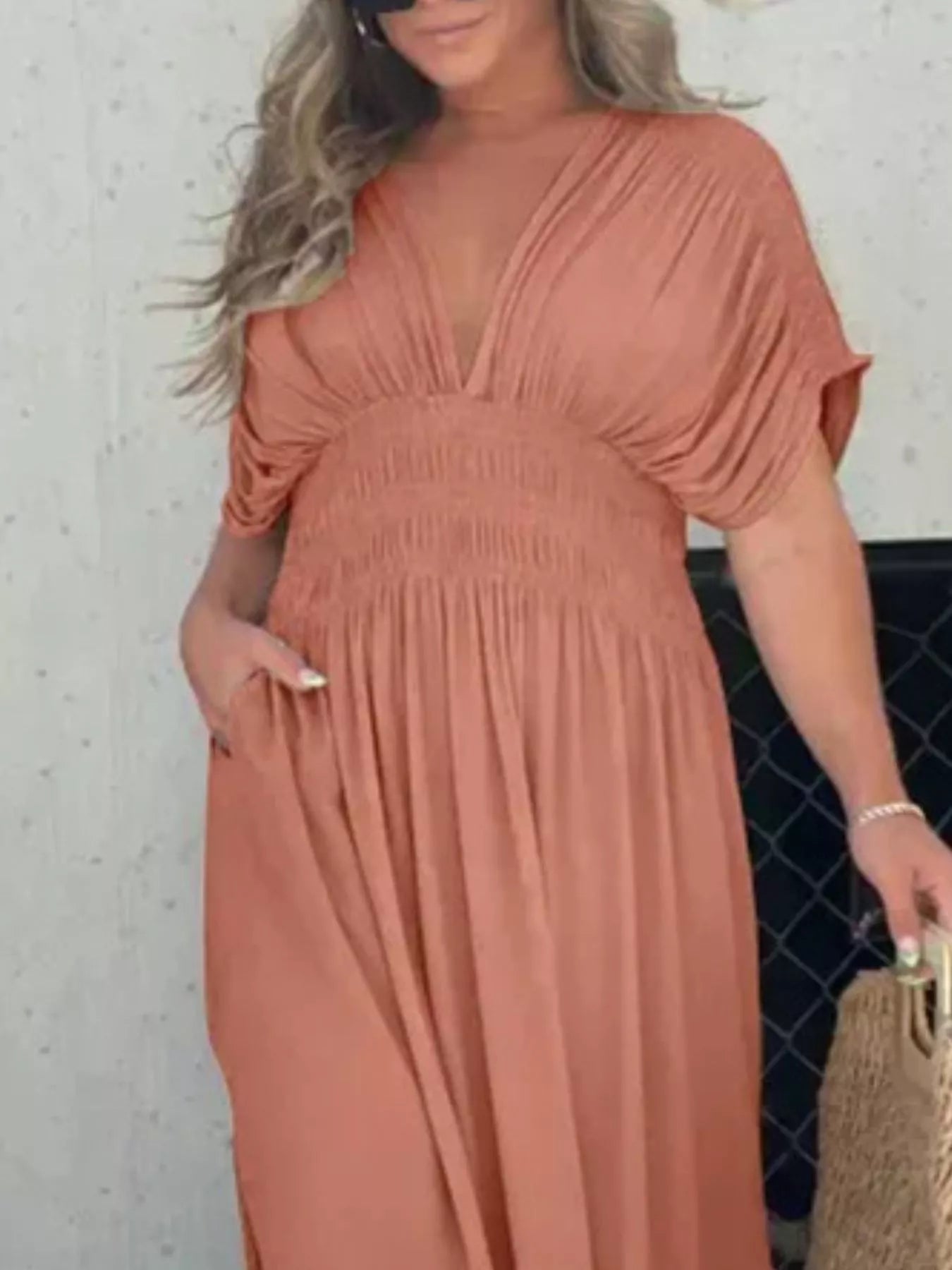 Full Size Slit V-Neck Smocked Waist Maxi Dress Plus Size