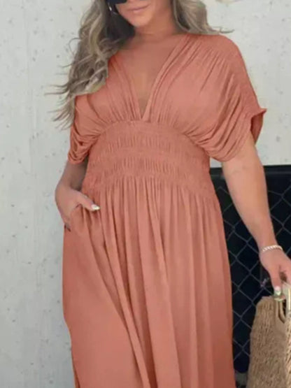 Full Size Slit V-Neck Smocked Waist Maxi Dress Plus Size
