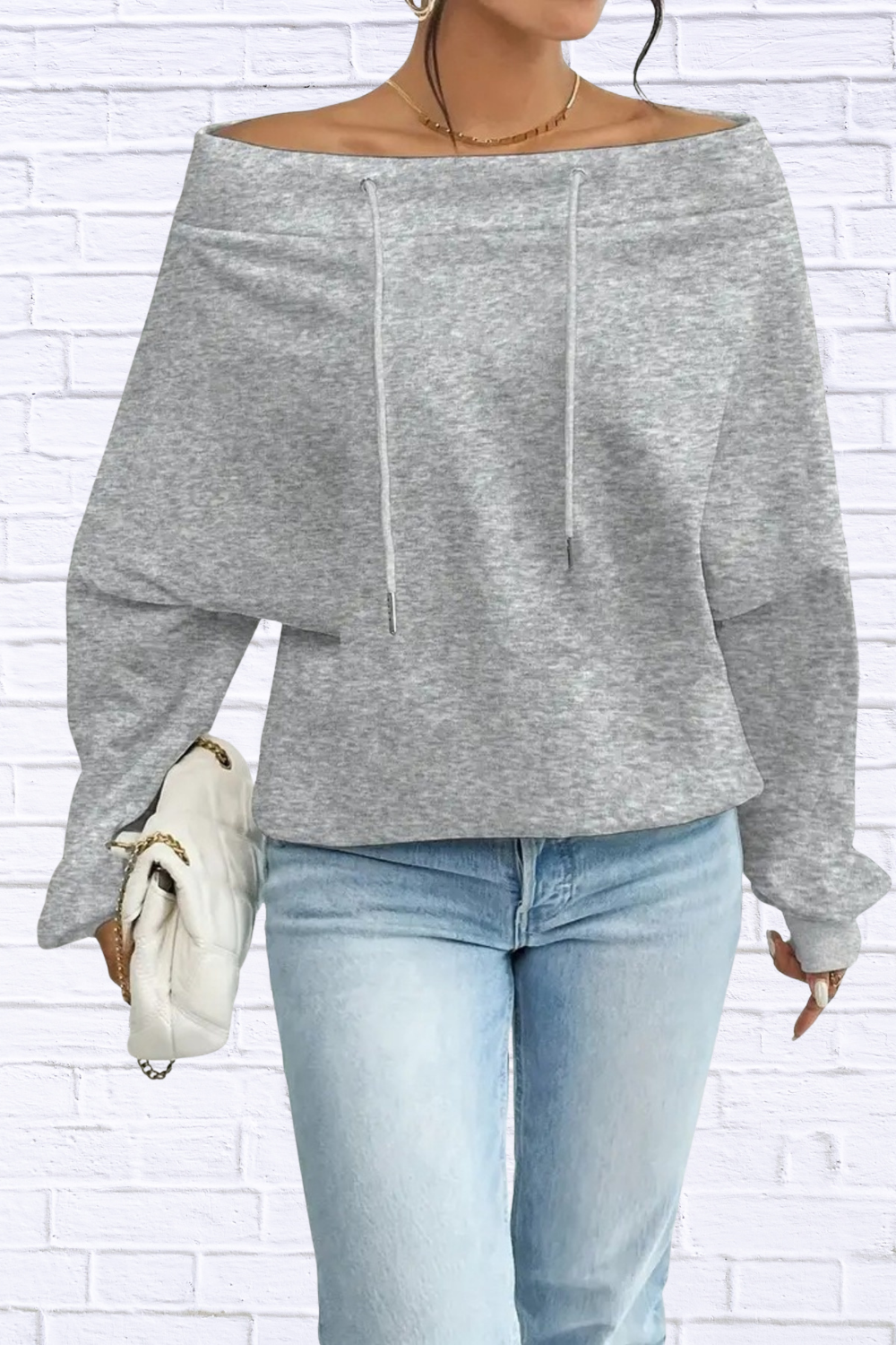 Off-Shoulder Drawstring Sweatshirt