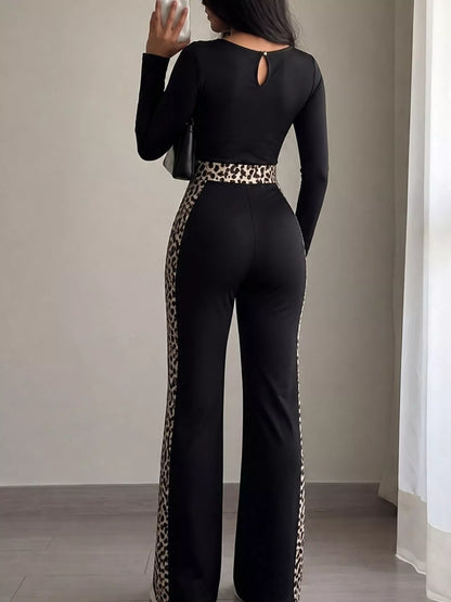 Leopard Trim Long Sleeve Jumpsuit