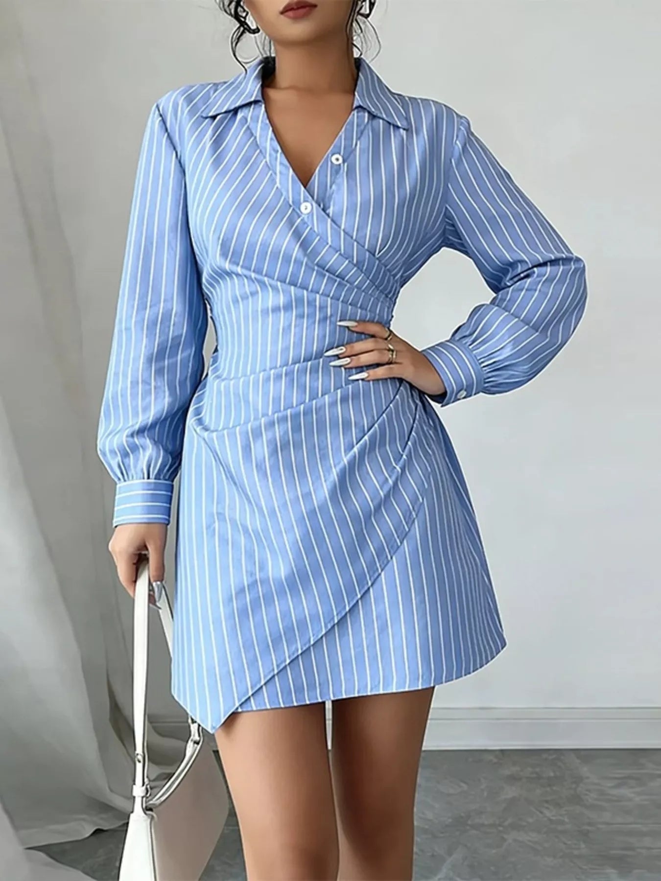 Full Size Striped Long Sleeve Shirt Dress Plus Size
