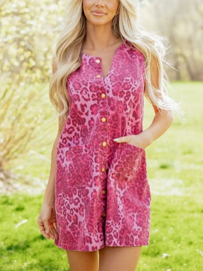 Leopard Denim Buttoned Shift Sleeveless Dress
