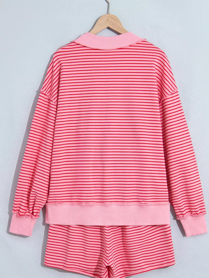 Stripe Ribbed Patchwork Mock Neck Baggy Pullover Matching Shorts Set