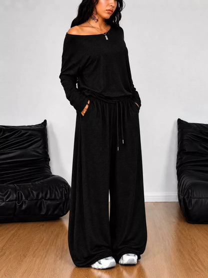 Boat Neck Long Sleeve Top and Wide-Leg Pants Set