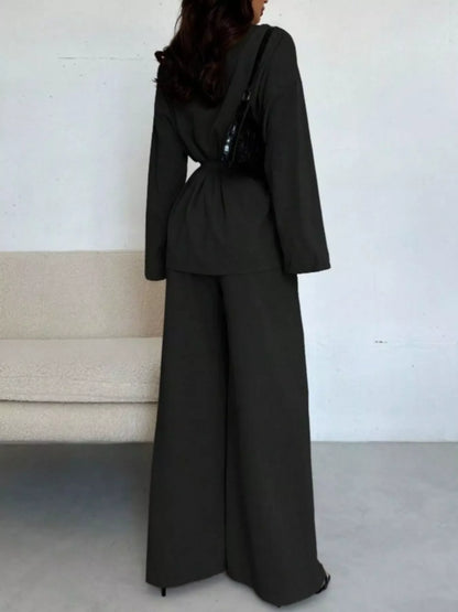 Textured Tie Waist Top and Wide-Leg Pants Set