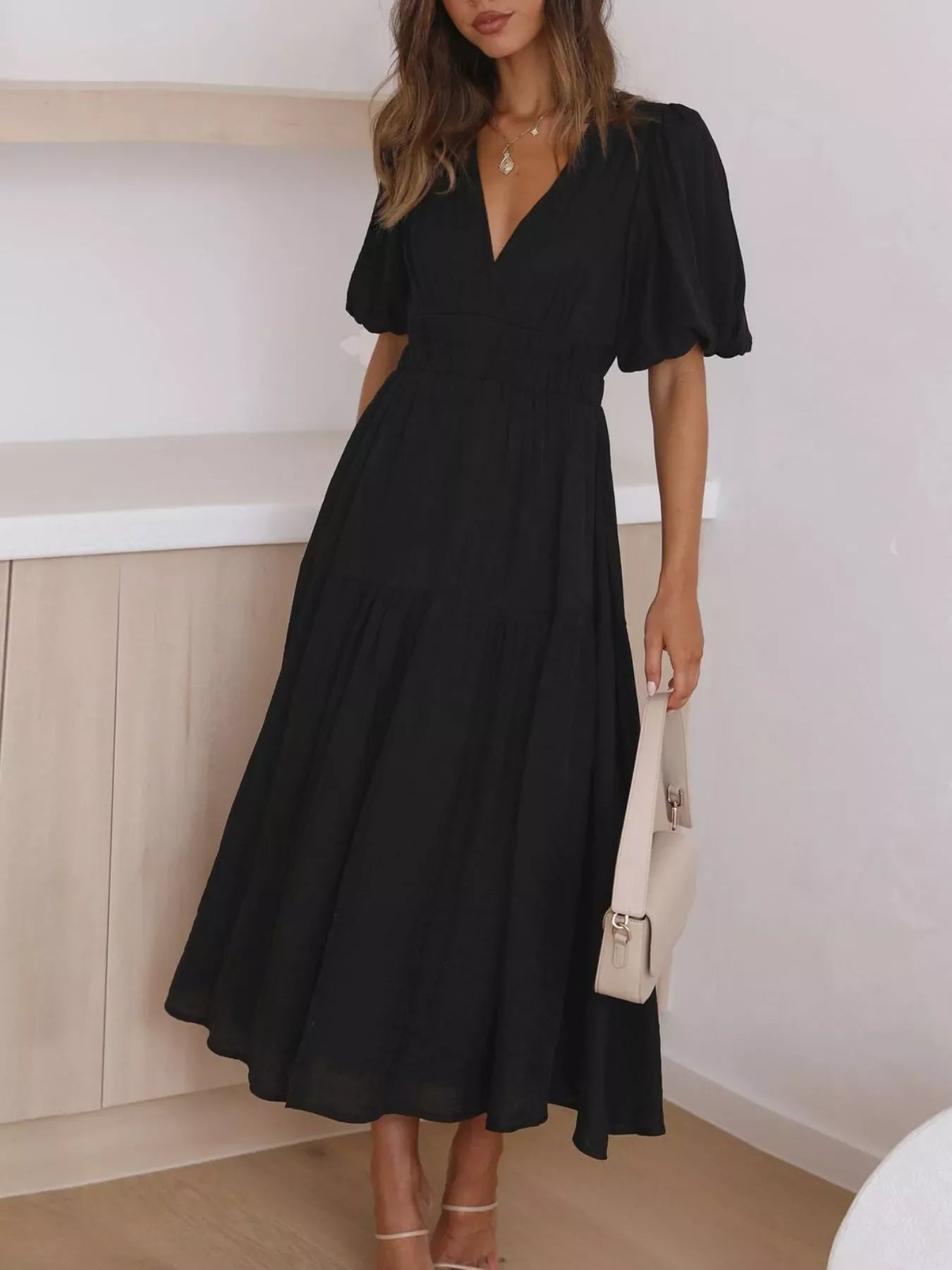 Elegant Puff Sleeve V-Neck Midi Dress