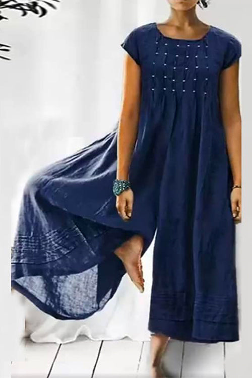 Rosiedress Ruched Short Sleeve Wide Leg Baggy Jumpsuit Blue