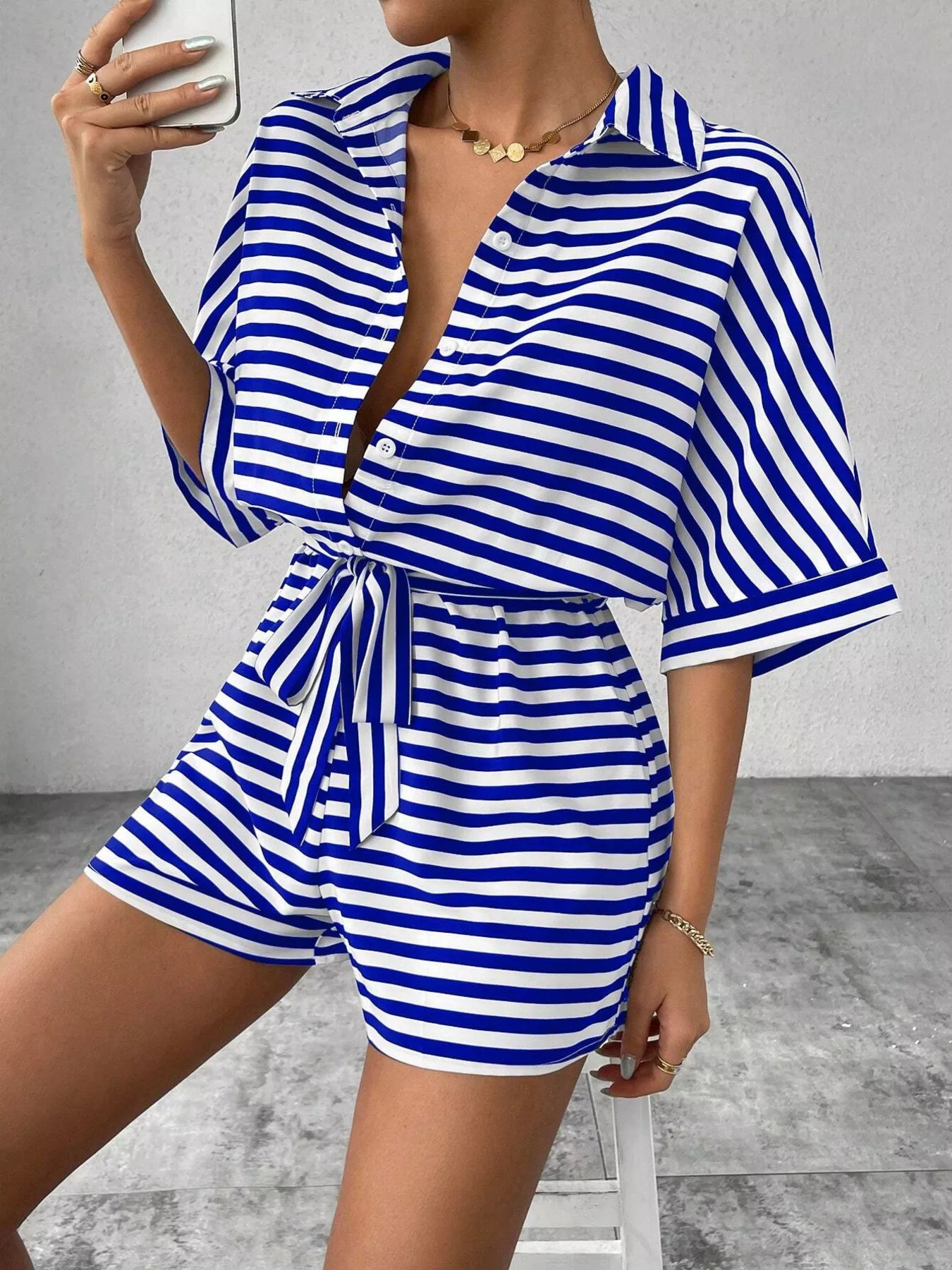 Striped Button Front Half Sleeve Romper