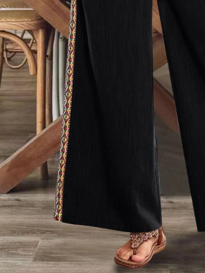 Bohemian Wide Leg Embroidered Side Stripe Pants