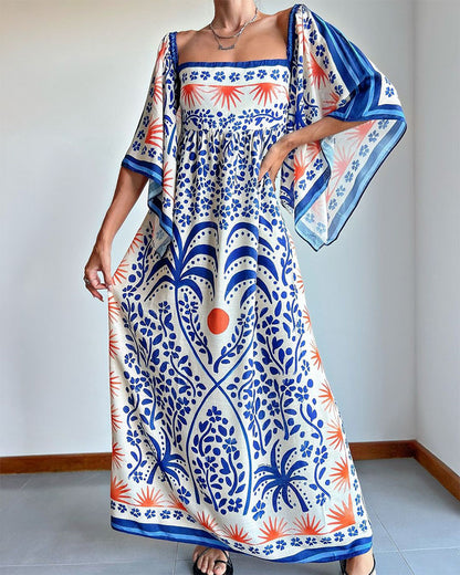 Blue bell sleeve printed loose dress