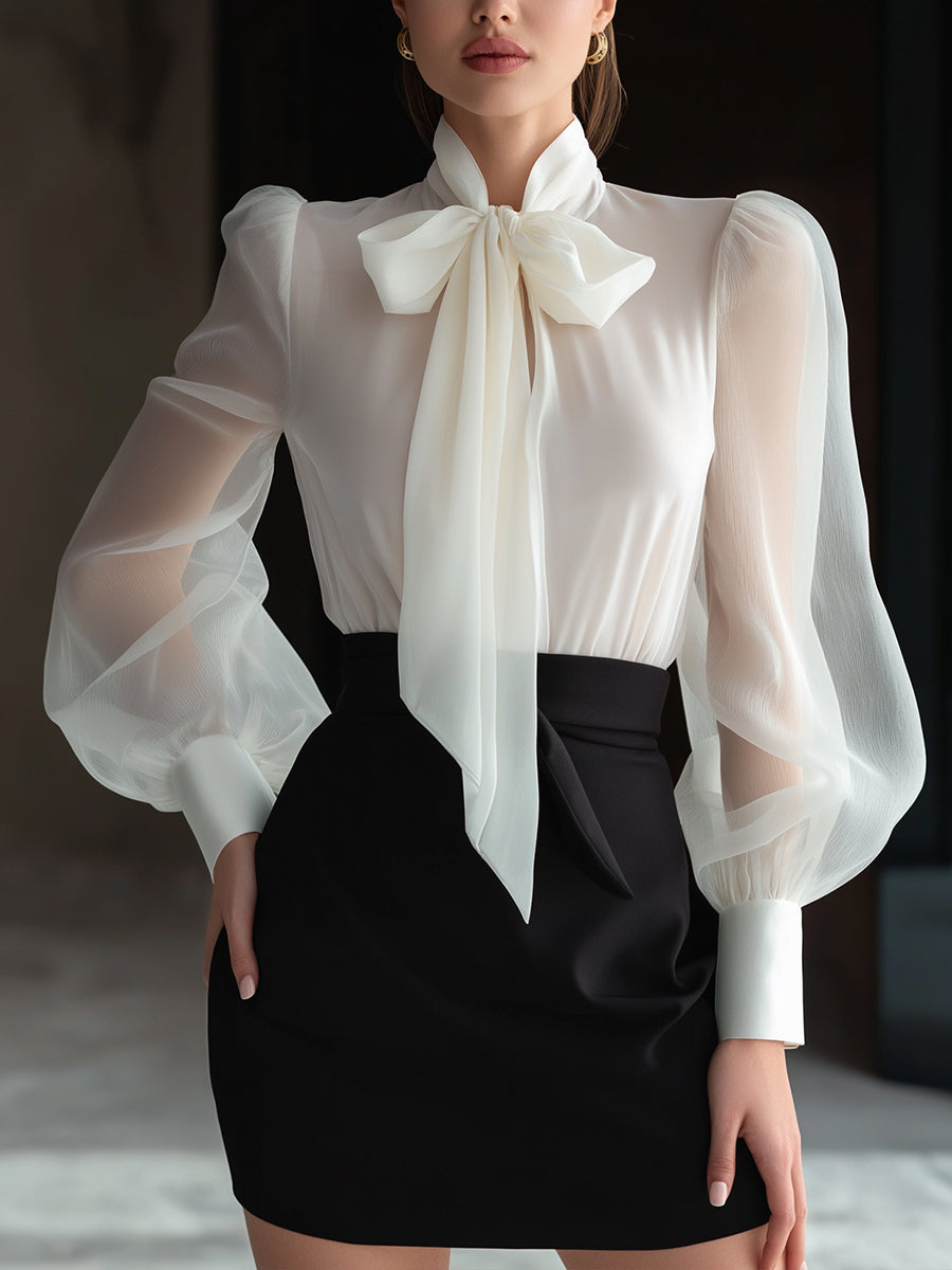 Sheer Bow-Tie Blouse & High-Waist Pencil Skirt Two-Piece Set