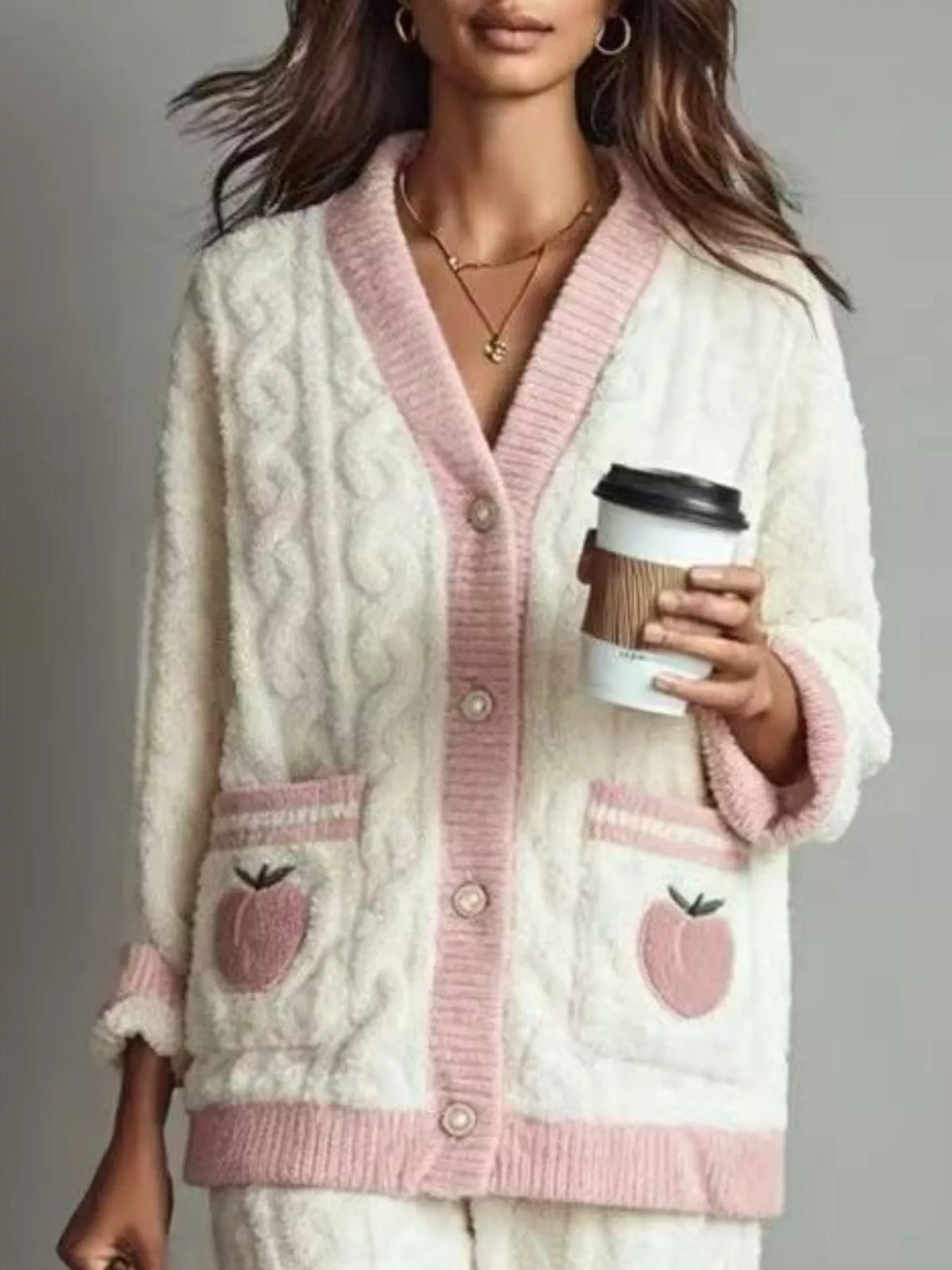 Peach Fleece Contrast Trim Top and Pants Lounge Set